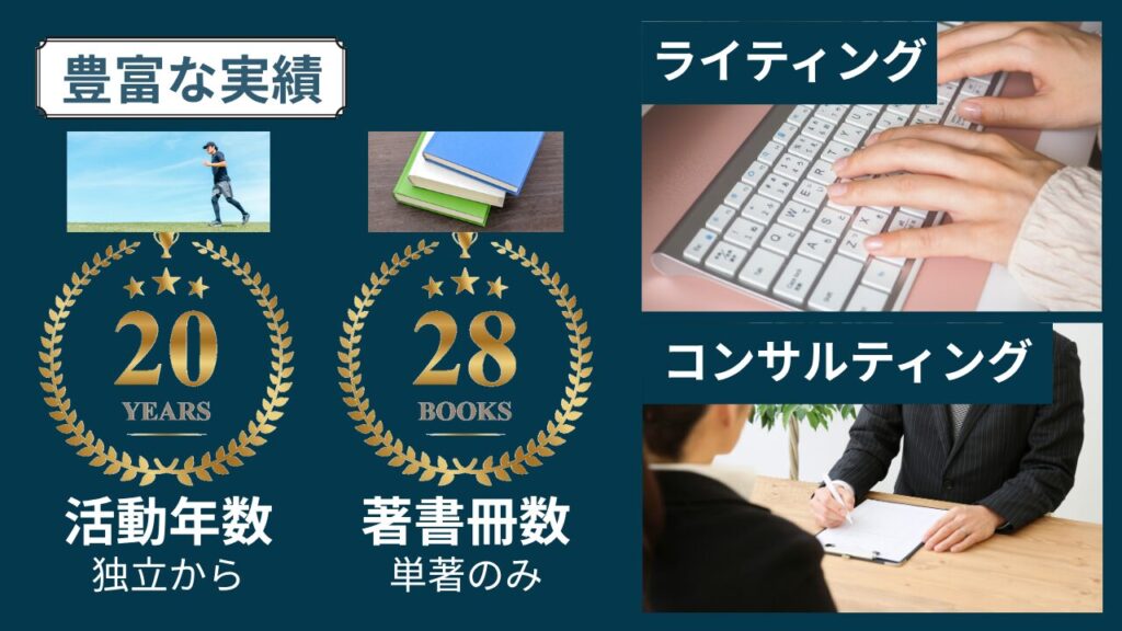 豊富な実績　ライティングとコンサルティング　独立からの活動歴20年以上、著書（単著）は28冊（海外版ふくむ）